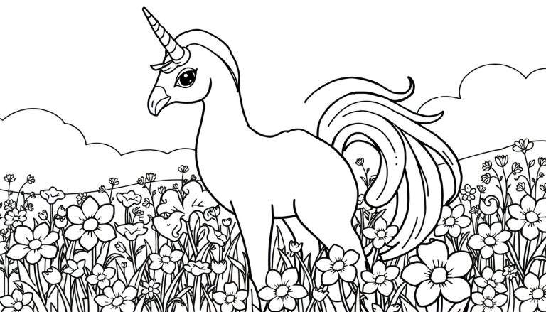 Desenho de um unicórnio branco com crina e cauda longas em um campo de flores coloridas, com nuvens simples ao fundo.