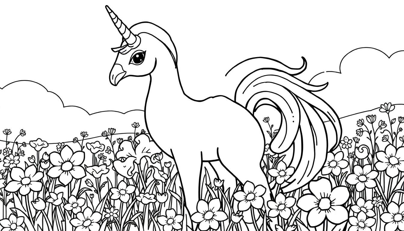 Desenho de um unicórnio branco com crina e cauda longas em um campo de flores coloridas, com nuvens simples ao fundo.