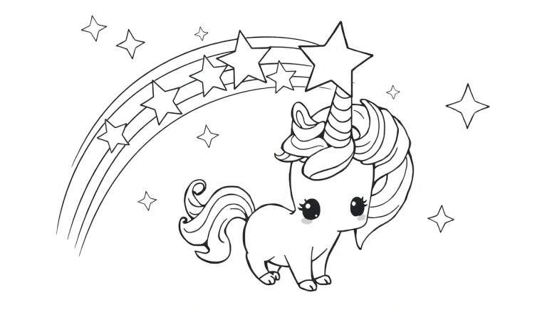 Um unicórnio fofo em preto e branco com uma crina ondulada, um chifre de estrela e um arco-íris de estrelas, ideal para um color panel.