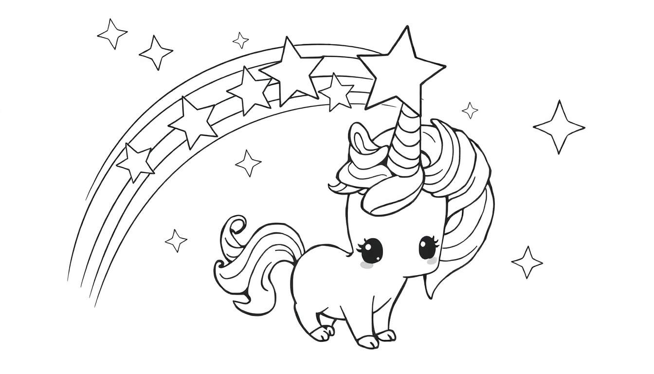 Um unicórnio fofo em preto e branco com uma crina ondulada, um chifre de estrela e um arco-íris de estrelas, ideal para um color panel.