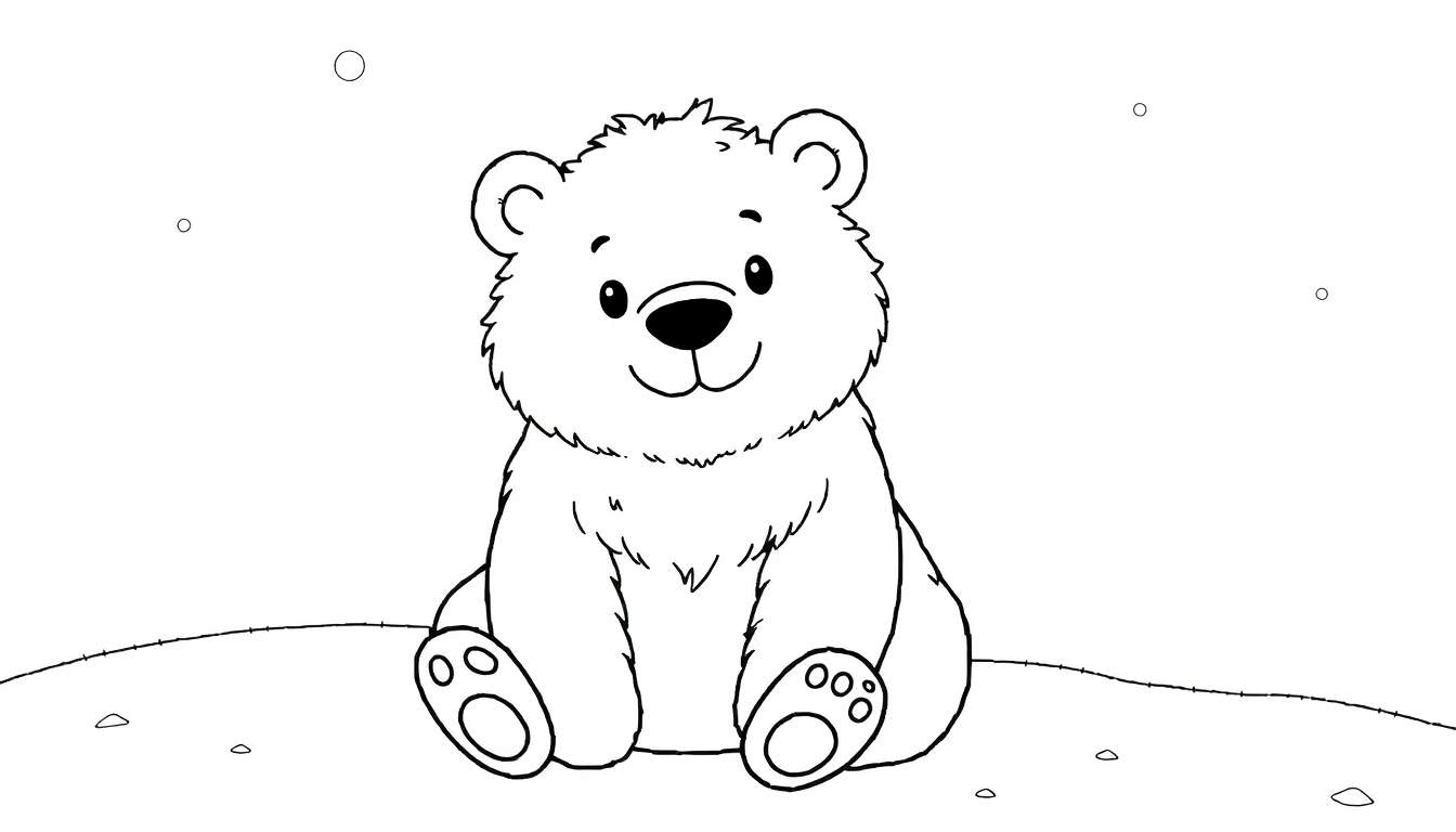 Um adorável filhote de urso polar fofinho em preto e branco sentado na neve, pronto para ser colorido. O urso tem um rosto amigável com olhos grandes, nariz preto e um sorriso suave. Seus flocos de neve caem suavemente, transformando-o em um lindo painel de colorir.