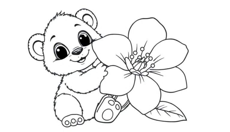 Ursinho de pelúcia fofo abraçando uma grande flor em um desenho em preto e branco, pronto para colorir no color panel.