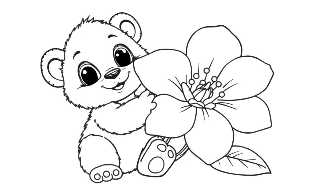 Ursinho de pelúcia fofo abraçando uma grande flor em um desenho em preto e branco, pronto para colorir no color panel.