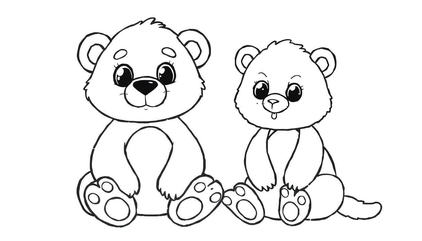 Dois ursinhos de pelúcia em preto e branco, um maior e um menor, sentados e esperando para serem coloridos com o color panel.