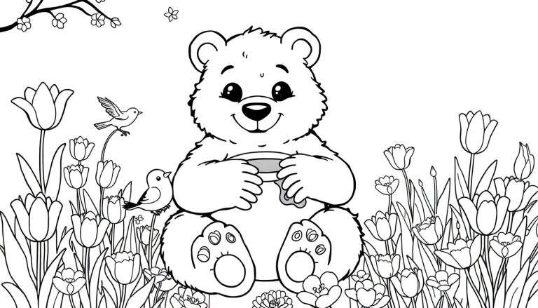 Desenho em preto e branco de um urso fofo com um pote de mel em um jardim de tulipas, com pássaros e um ramo de árvore, sugerindo um color panel.