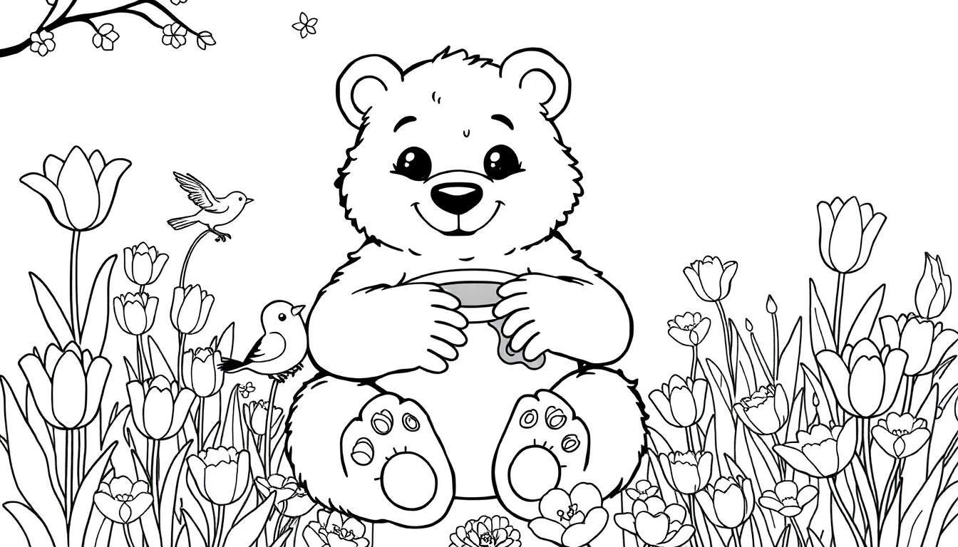 Desenho em preto e branco de um urso fofo com um pote de mel em um jardim de tulipas, com pássaros e um ramo de árvore, sugerindo um color panel.