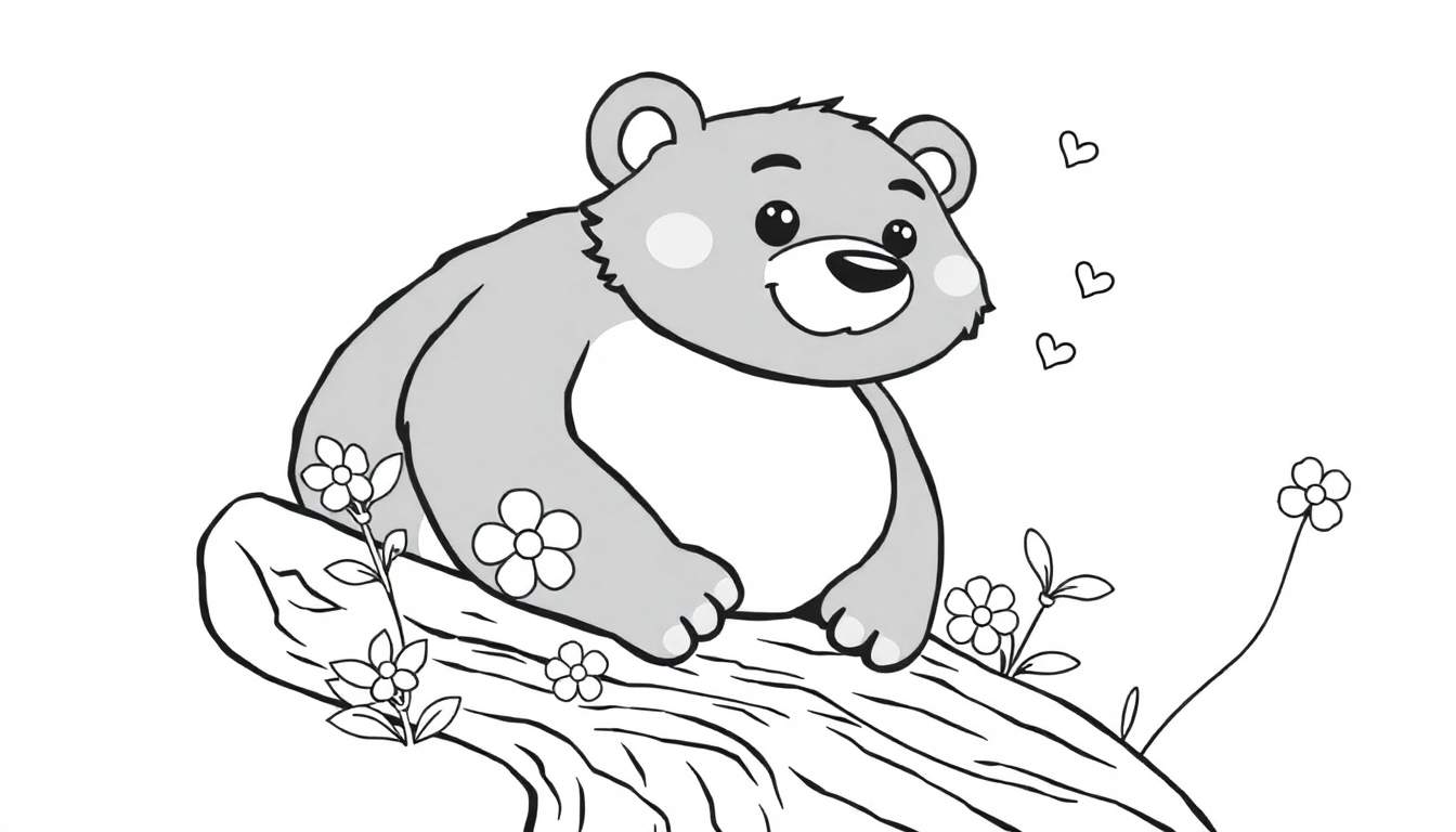 Um urso adorável sentado num tronco de árvore, rodeado de flores e corações, pronto para ser colorido.