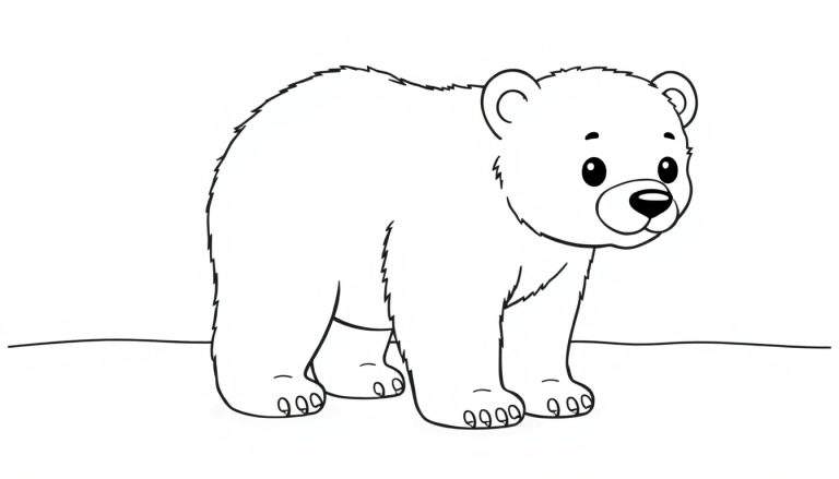Um adorável urso polar de desenho animado em um color panel, com o focinho curioso e patas grandes.