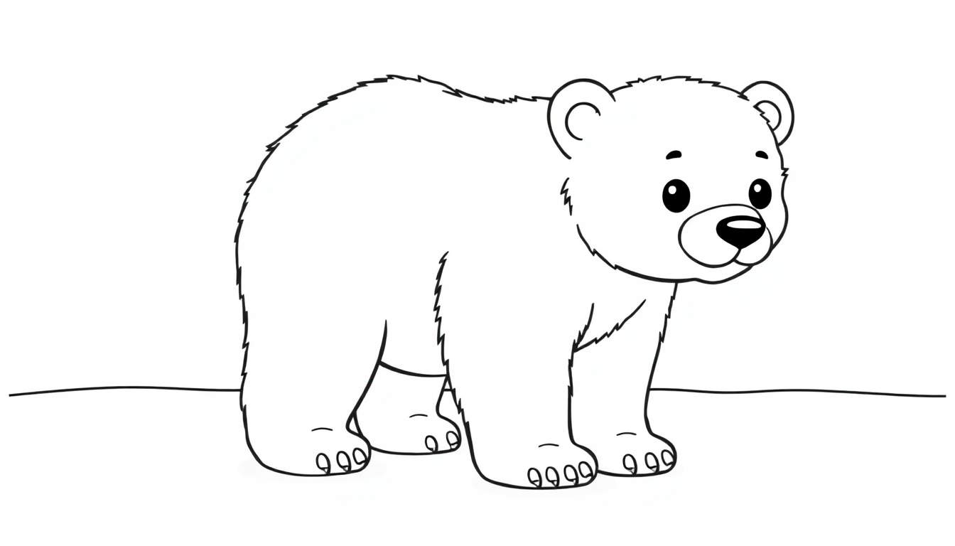 Um adorável urso polar de desenho animado em um color panel, com o focinho curioso e patas grandes.