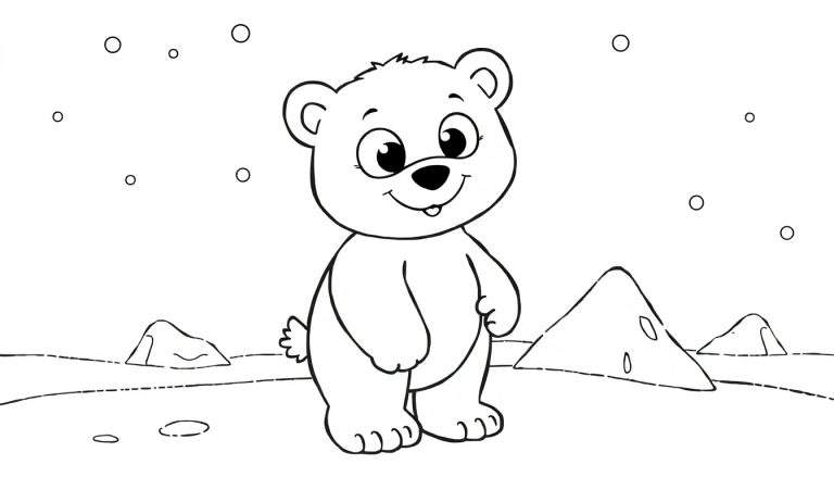 Ilustração em preto e branco de um urso polar fofo com grandes olhos, nariz redondo e um sorriso doce, em pé na neve com flocos de neve desenhados no céu, parte de um color panel.