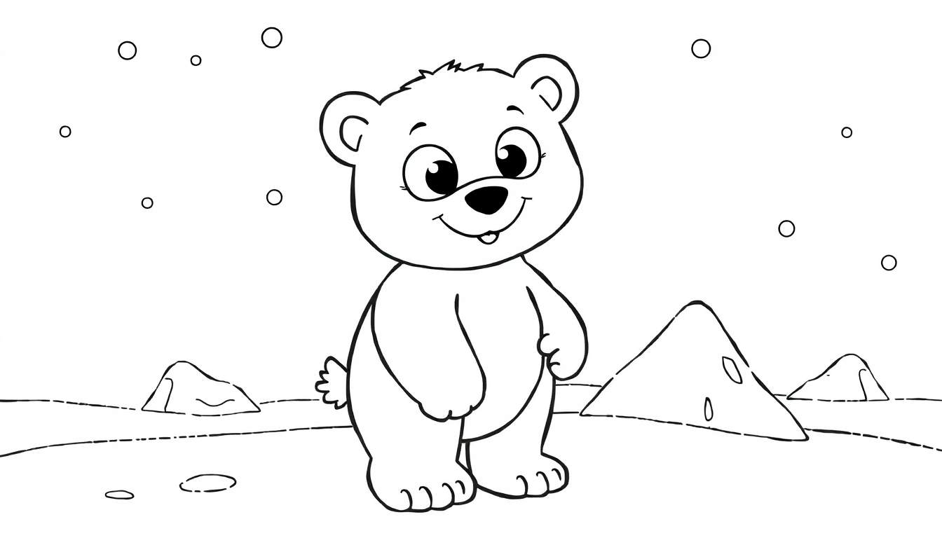 Ilustração em preto e branco de um urso polar fofo com grandes olhos, nariz redondo e um sorriso doce, em pé na neve com flocos de neve desenhados no céu, parte de um color panel.