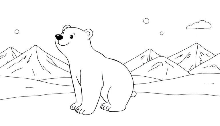 Desenho de um urso polar fofo sentado em um cenário nevado com montanhas ao fundo, pronto para ser pintado.