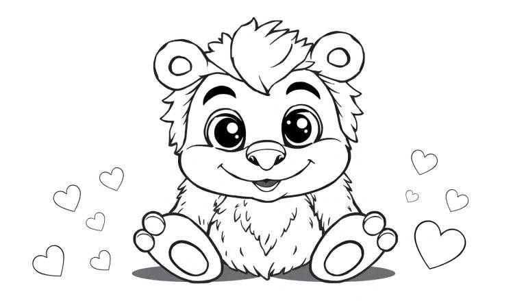 Urso de pelúcia fofo em estilo de livro de colorir com corações flutuantes, pronto para colorir.