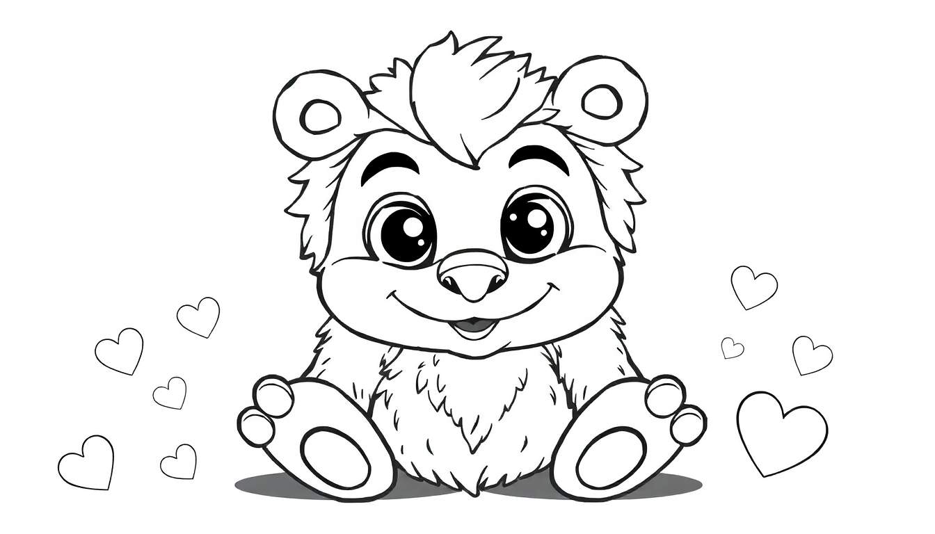 Urso de pelúcia fofo em estilo de livro de colorir com corações flutuantes, pronto para colorir.