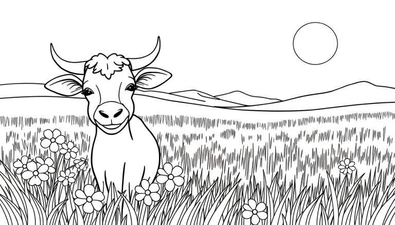 Desenho a preto e branco de uma vaca sorridente num campo, pronta para ser colorida, com um grande círculo no céu.