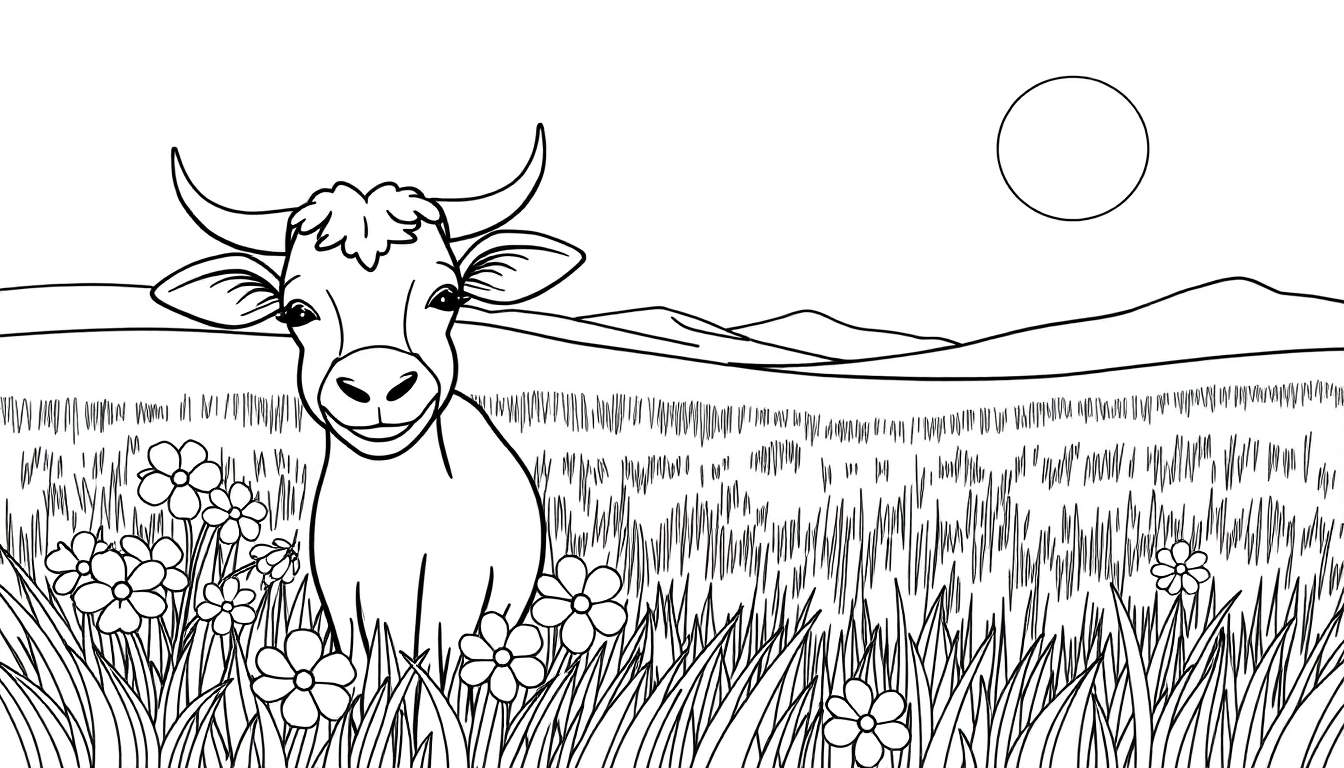 Desenho a preto e branco de uma vaca sorridente num campo, pronta para ser colorida, com um grande círculo no céu.
