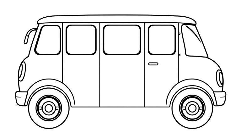 Desenho de uma van em estilo cartoon, em preto e branco, com janelas e rodas circulares, pronta para ser colorida.