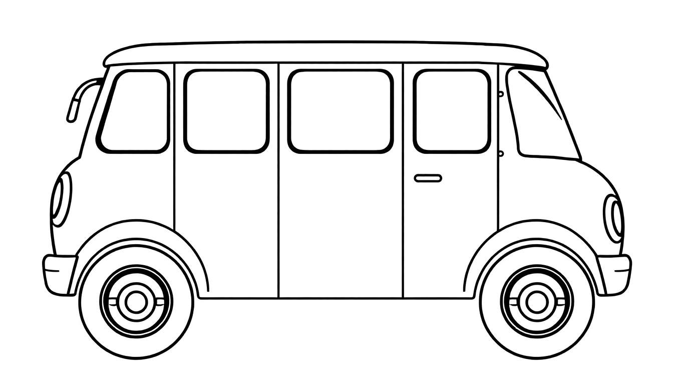 Desenho de uma van em estilo cartoon, em preto e branco, com janelas e rodas circulares, pronta para ser colorida.