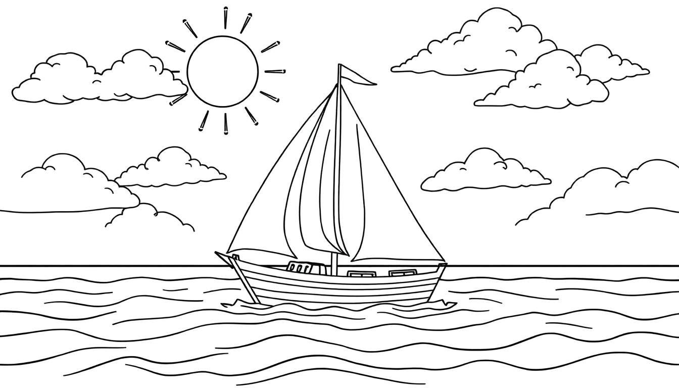 Desenho em preto e branco de um veleiro em um mar com sol e nuvens, perfeito para colorir.