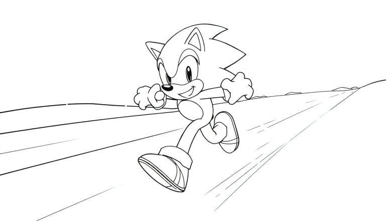 Desenho linear de Sonic o Ouriço correndo em uma estrada, pronto para saltar.