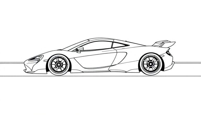 Um carro de corrida McLaren desenhado em contorno, com linhas limpas e uma asa traseira proeminente sobre uma superfície plana, com fundo branco. O color panel inspira a imaginação de velocidade.
