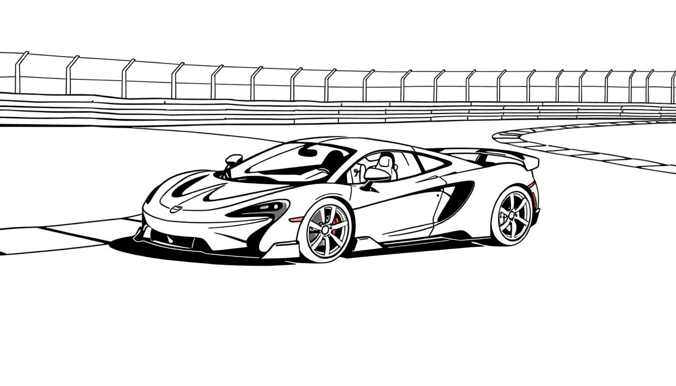 Desenho linear de uma McLaren branca em uma pista de corrida, com uma figura no volante.
