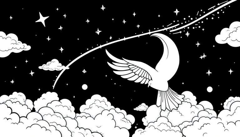 Um pássaro branco estilizado voando em um céu noturno estrelado, com nuvens e um rastro de estrelas.