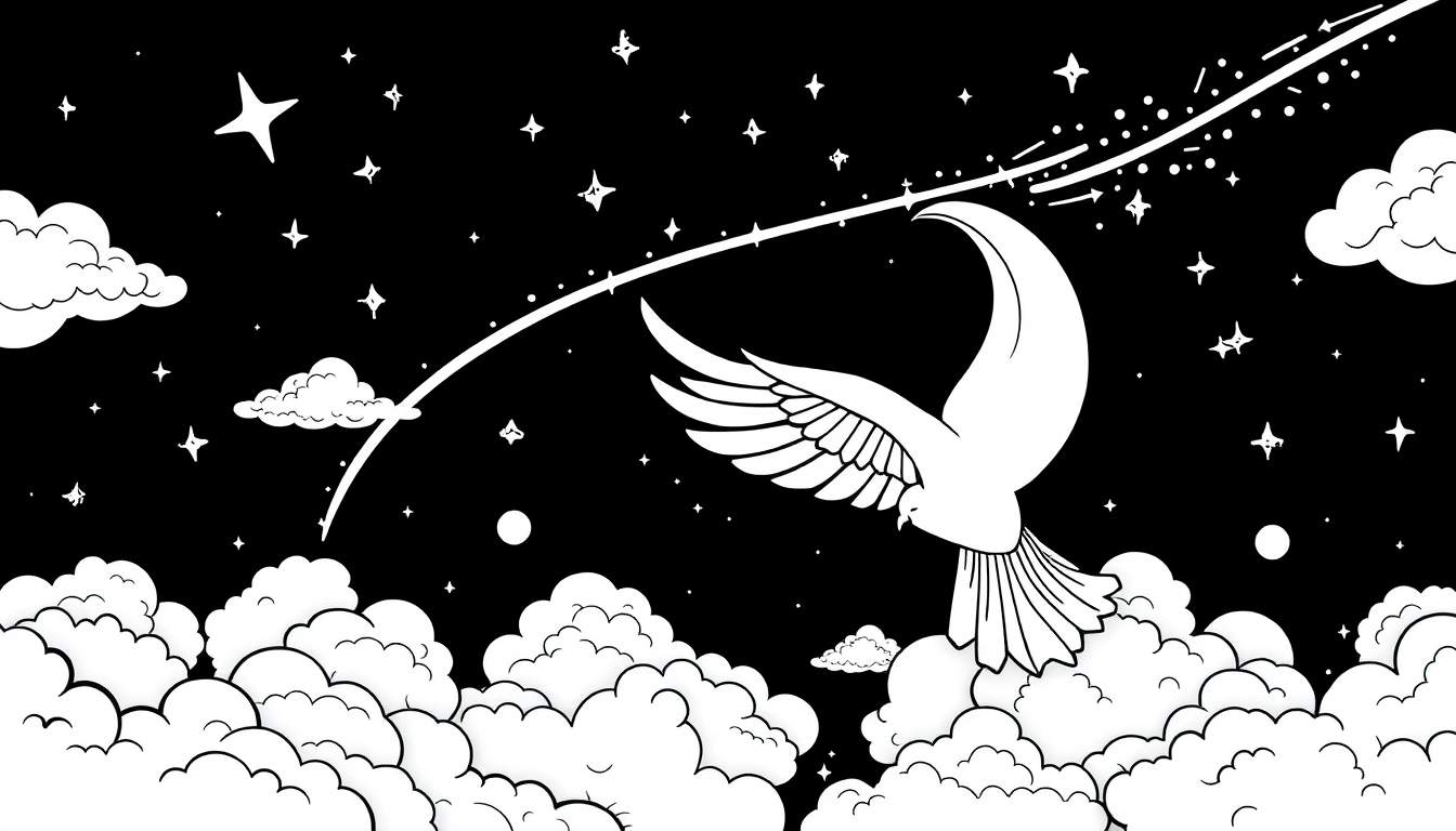 Um pássaro branco estilizado voando em um céu noturno estrelado, com nuvens e um rastro de estrelas.