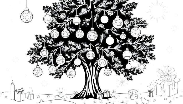 Ilustração em preto e branco de uma árvore de Natal decorada com enfeites e presentes.