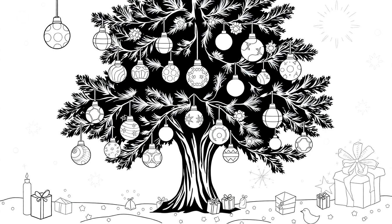 Ilustração em preto e branco de uma árvore de Natal decorada com enfeites e presentes.
