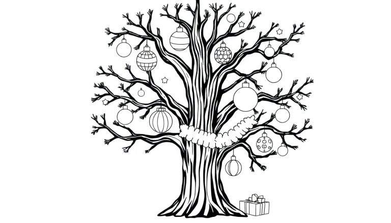 Árvore de Natal desenhada com galhos e enfeites, esperando para ser colorida no color panel.