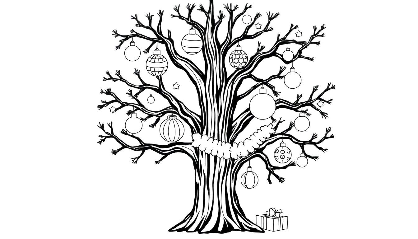 Árvore de Natal desenhada com galhos e enfeites, esperando para ser colorida no color panel.