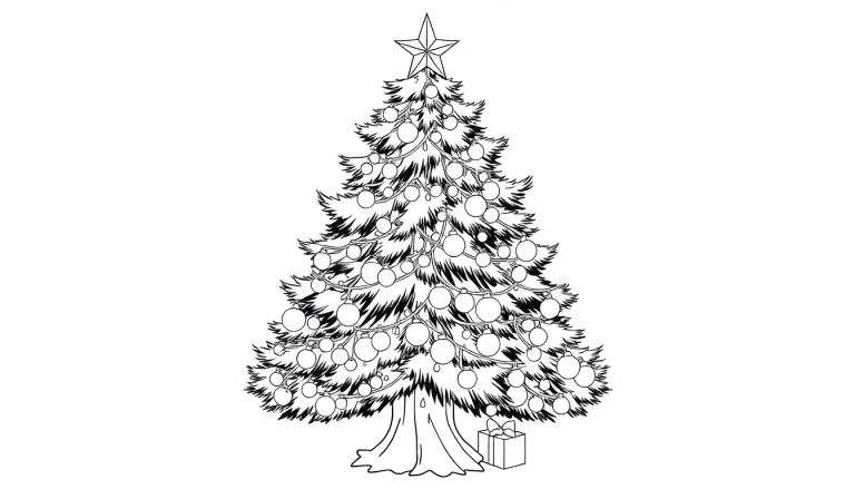 Desenho linear de uma árvore de Natal decorada com enfeites redondos, guirlanda e uma estrela no topo, com uma caixa de presente na base. Todo o desenho está em preto e branco, pronto para colorir. Inclui a marca «color panel».
