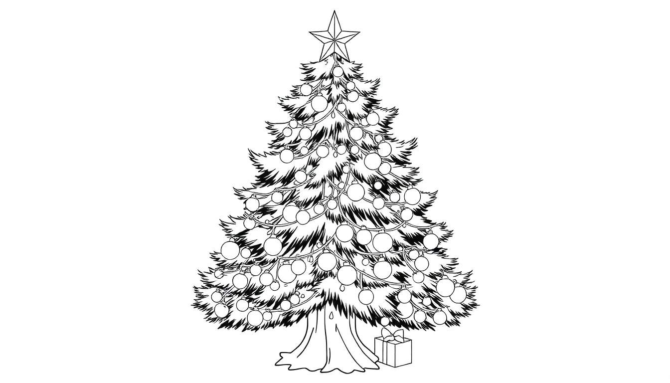 Desenho linear de uma árvore de Natal decorada com enfeites redondos, guirlanda e uma estrela no topo, com uma caixa de presente na base. Todo o desenho está em preto e branco, pronto para colorir. Inclui a marca «color panel».