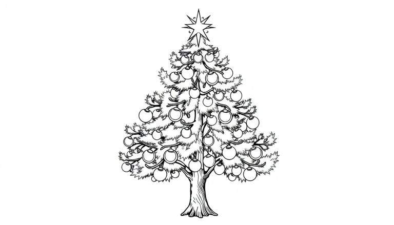 Uma árvore de Natal desenhada em preto e branco, decorada com bolas e uma estrela, pronta para ser colorida em um color panel.