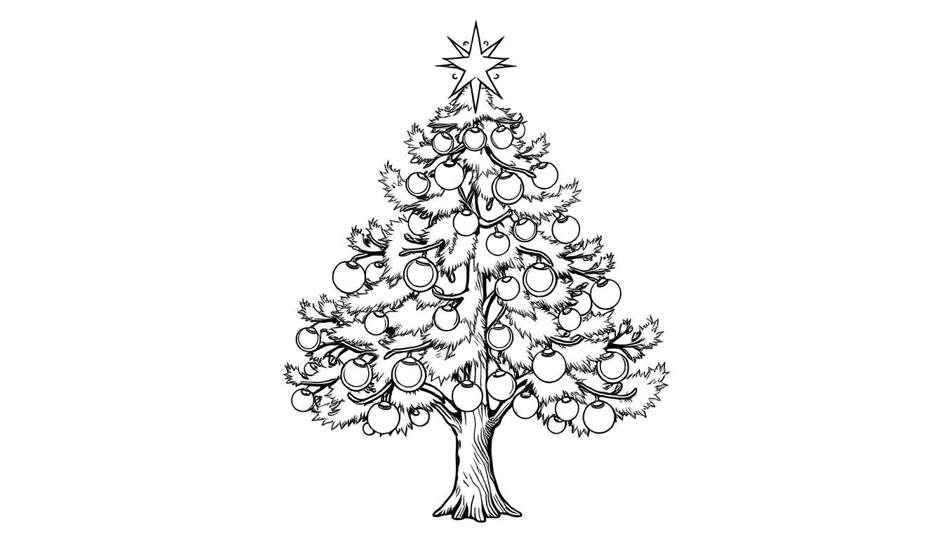 Uma árvore de Natal desenhada em preto e branco, decorada com bolas e uma estrela, pronta para ser colorida em um color panel.