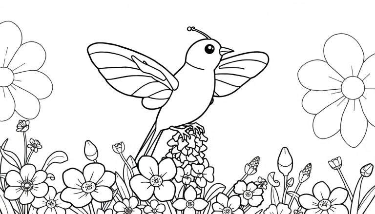 Um desenho em preto e branco de uma borboleta em um color panel de flores.