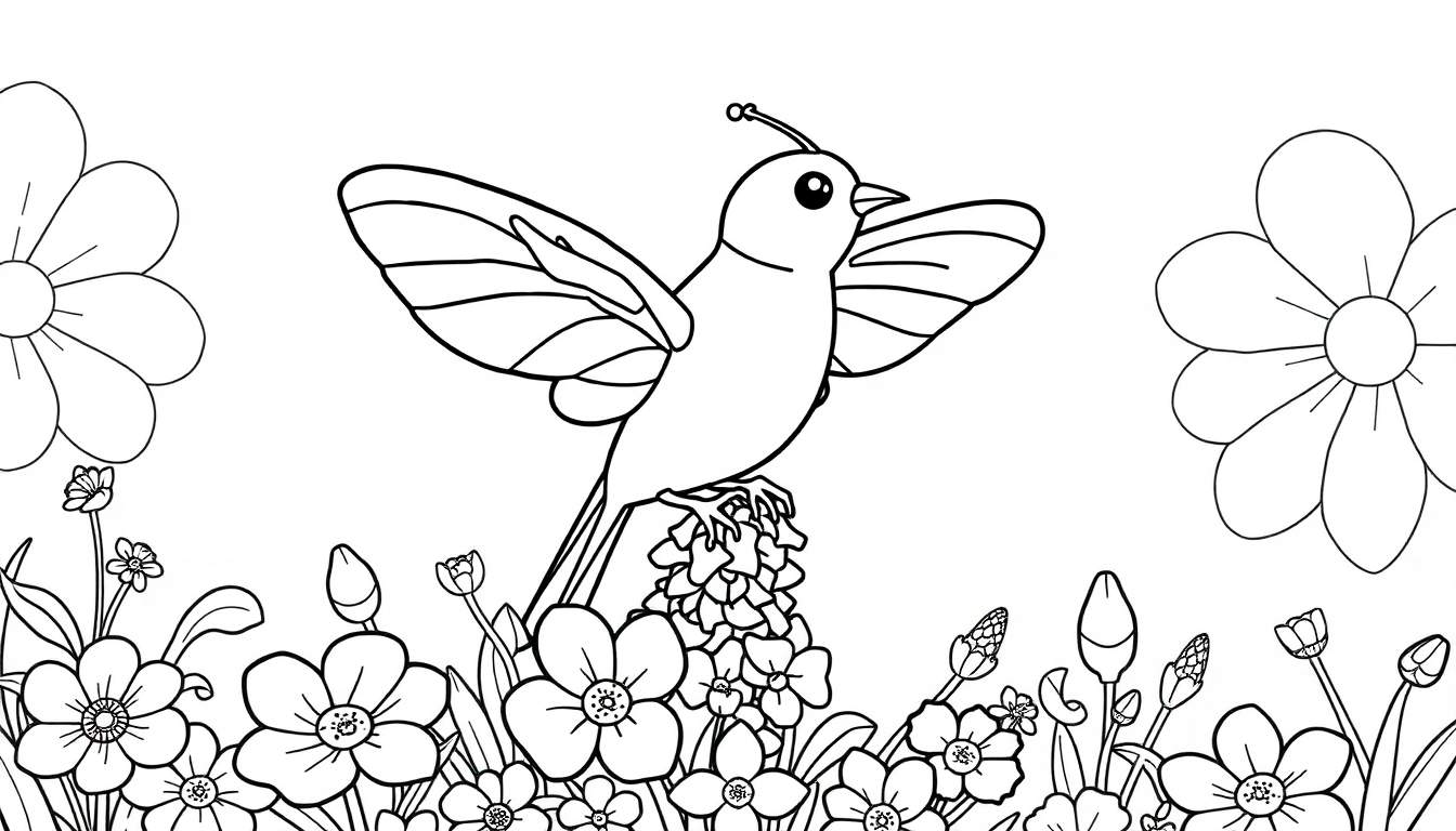 Um desenho em preto e branco de uma borboleta em um color panel de flores.