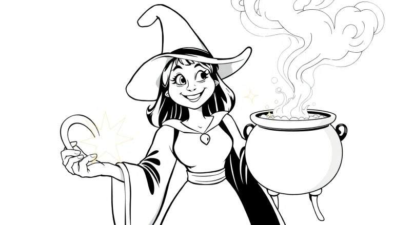 Um color panel de uma bruxa simpática sorrindo, com chapéu pontudo e segurando um amuleto de ferradura perto de um caldeirão fumegante.