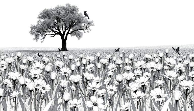 Uma ilustração em preto e branco de uma cena campestre com uma árvore grande, flores e pássaros voando. Este color panel captura a serenidade da natureza.