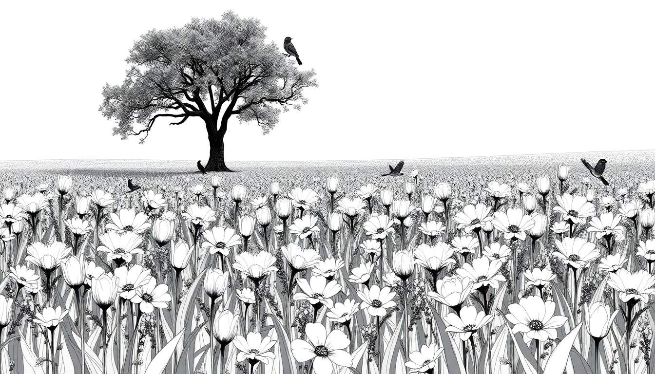Uma ilustração em preto e branco de uma cena campestre com uma árvore grande, flores e pássaros voando. Este color panel captura a serenidade da natureza.