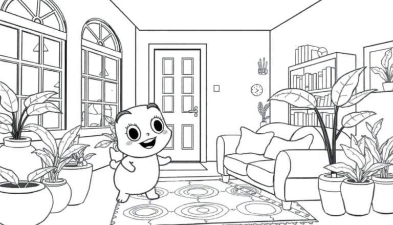 Desenho em preto e branco de uma sala de estar com plantas e um personagem fofo.