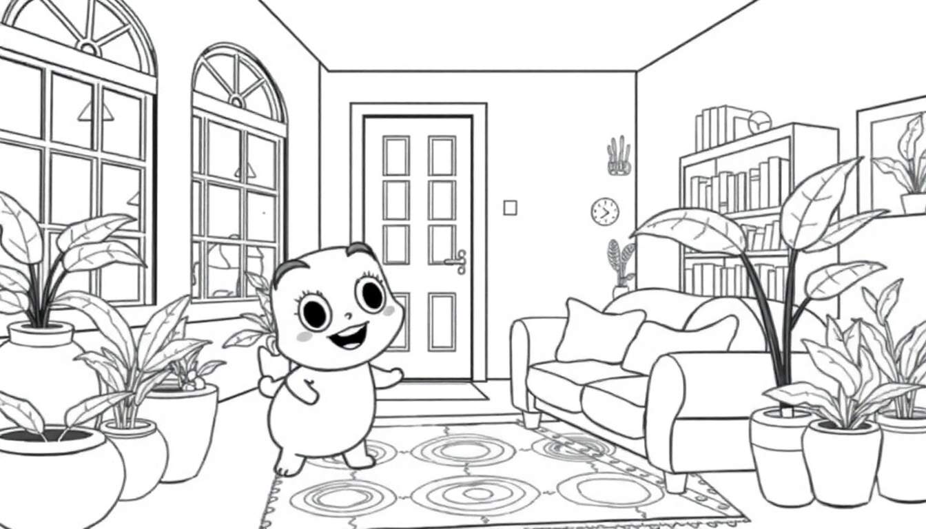 Desenho em preto e branco de uma sala de estar com plantas e um personagem fofo.