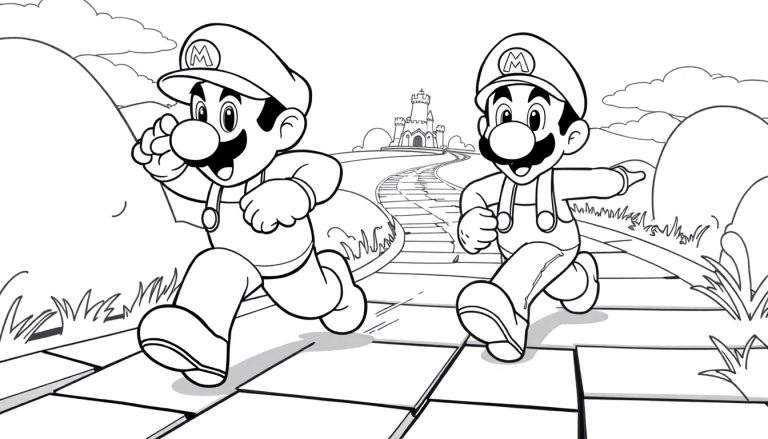 Um desenho de Mario e Luigi correndo lado a lado numa estrada de tijolos em direção a um castelo, com um estilo de livro de colorir.