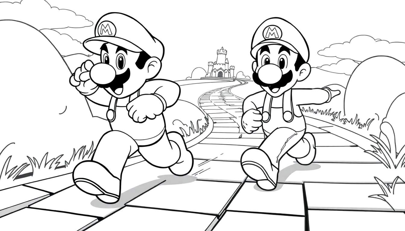 Um desenho de Mario e Luigi correndo lado a lado numa estrada de tijolos em direção a um castelo, com um estilo de livro de colorir.