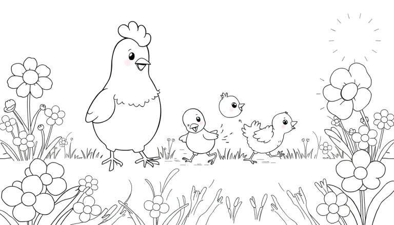 Uma galinha preta e branca com três pintinhos em um campo de flores brancas e amarelas, com um sol desenhado no canto superior direito. O color panel é delicado e natural.