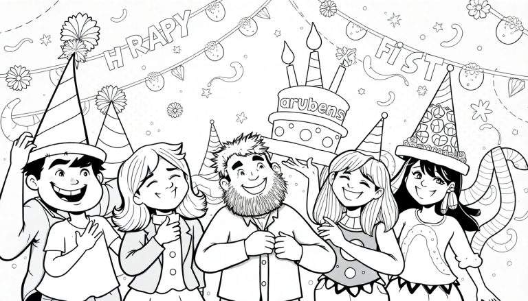 Um homem sorridente com barba celebra um aniversário com um bolo escrito 'Rubens', rodeado por crianças e adultos felizes em uma festa com a faixa 'Happy Fiesta'.