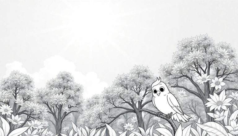Um desenho em preto e branco de um pássaro fofo em um galho com árvores floridas e flores ao redor. Um céu com nuvens está ao fundo. Um color panel pronto para pintar.