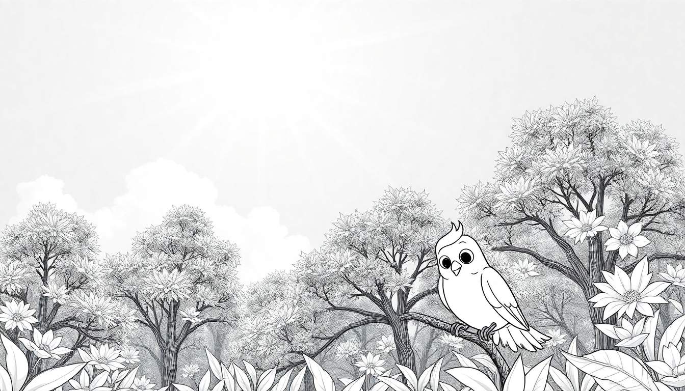 Um desenho em preto e branco de um pássaro fofo em um galho com árvores floridas e flores ao redor. Um céu com nuvens está ao fundo. Um color panel pronto para pintar.