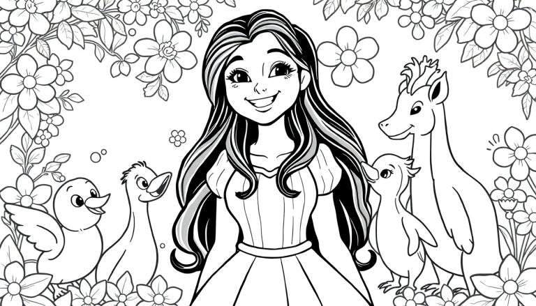 Uma menina sorrindo em um jardim florido, cercada por pássaros e criaturas fantásticas, pronta para ser colorida.
